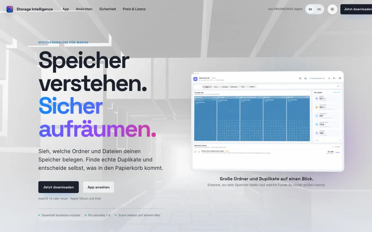 Website von Storage Intelligence: Speicher verstehen. Sicher aufräumen. Daneben eine Vorschau der Speicheransicht.